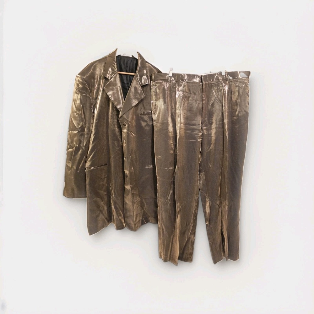 Falcone Suit Mens 50L 45x30 Solid GOLD Metallic Double Breasted Vintage Snazzy